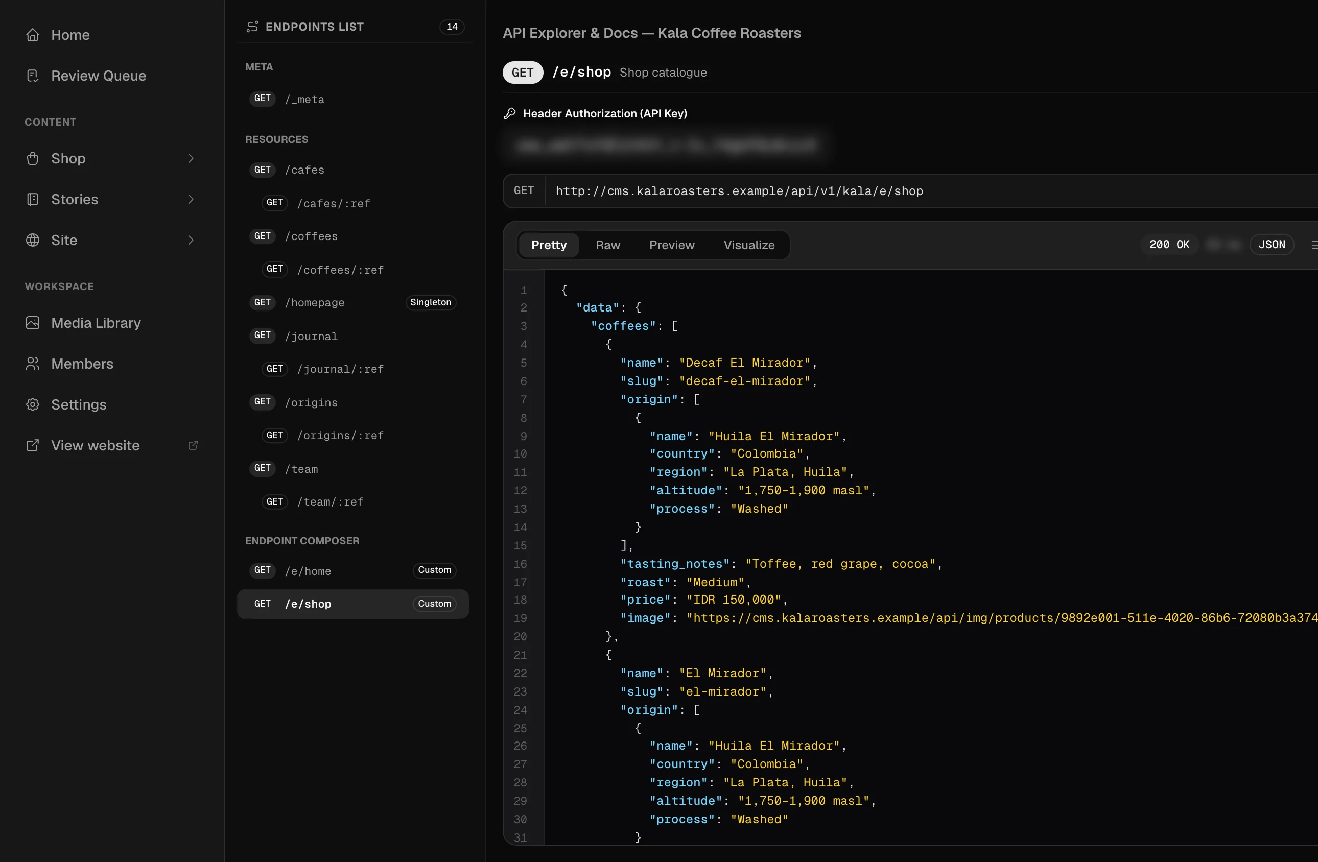 The API explorer running the shop endpoint against the sample workspace and showing the JSON response, with each coffee and its origin nested inside.