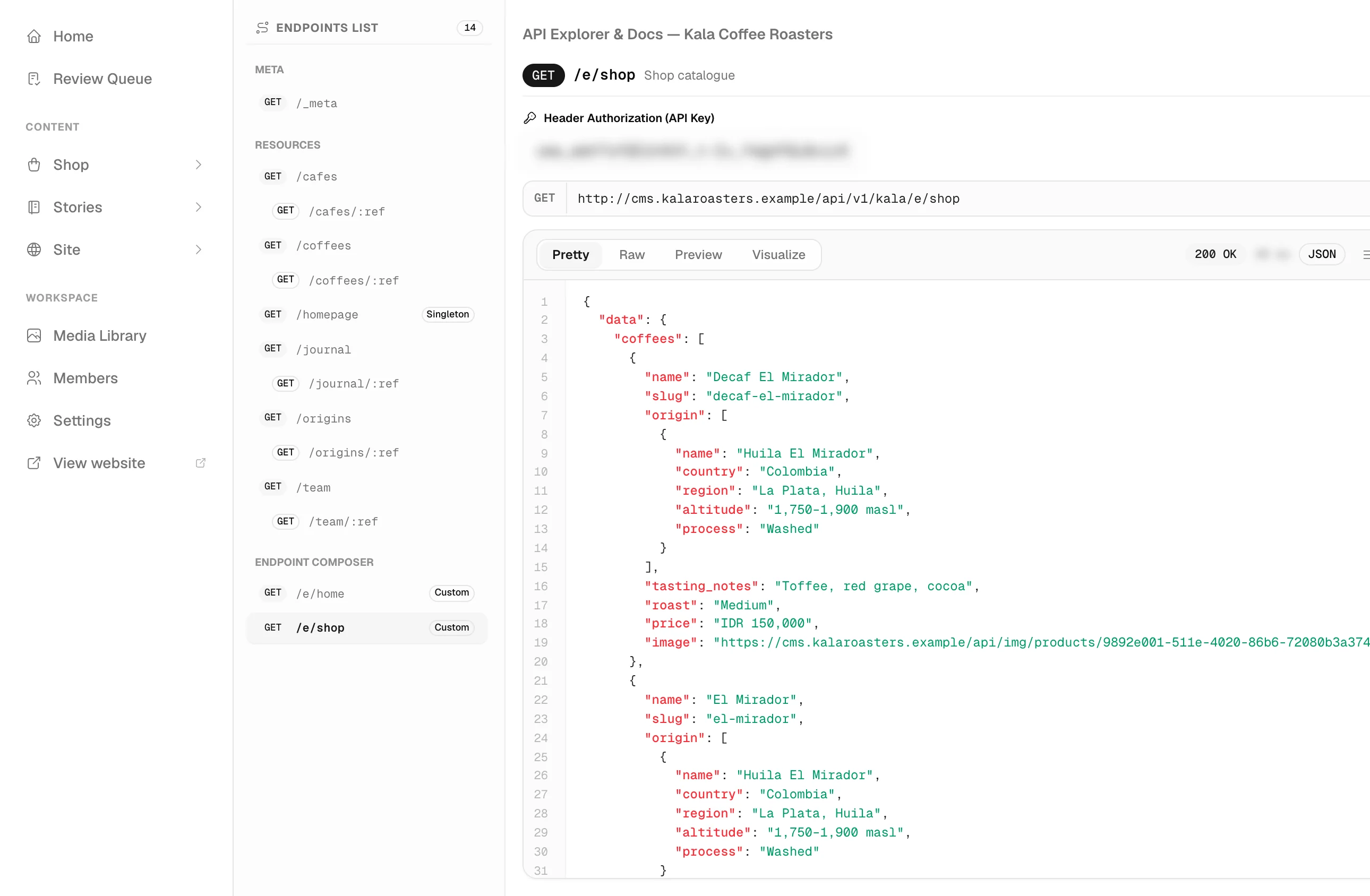 The API explorer running the shop endpoint against the sample workspace and showing the JSON response, with each coffee and its origin nested inside.