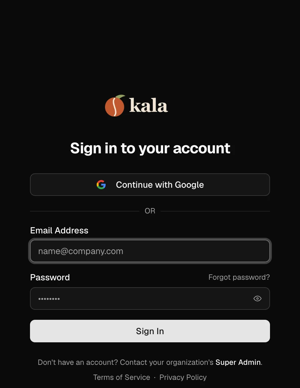 The sign-in page on Kala's domain, with Kala's logo.