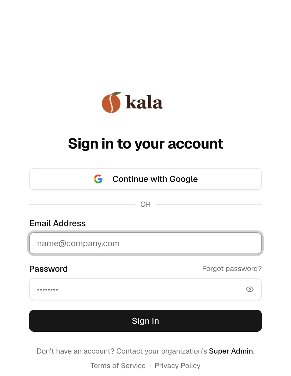 The sign-in page on Kala's domain, with Kala's logo.