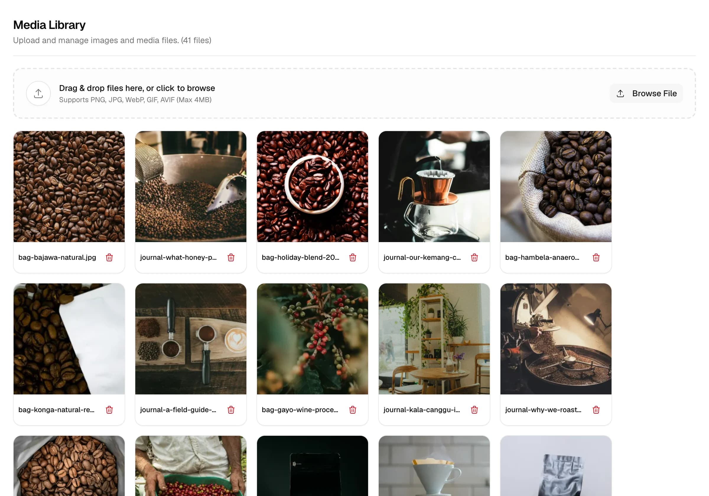 The media library with coffee and café photos uploaded to the workspace.