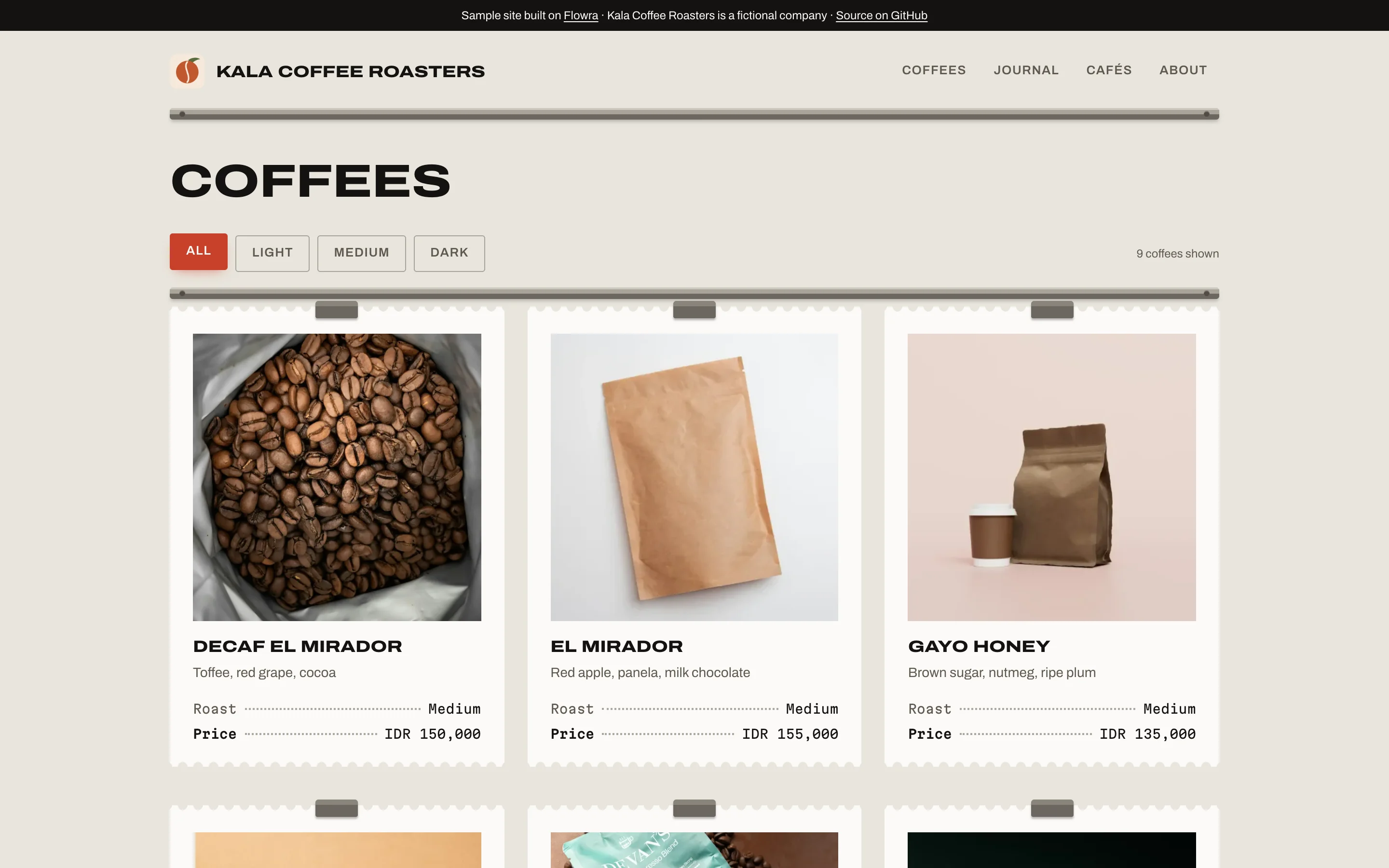 The same coffees on the Kala Coffee Roasters example website.